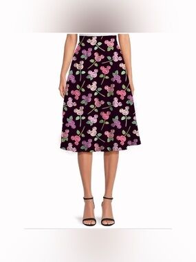 NWOT- Floral A-Line Midi Skirt - Black with Pink Floral Mickey Head  Print